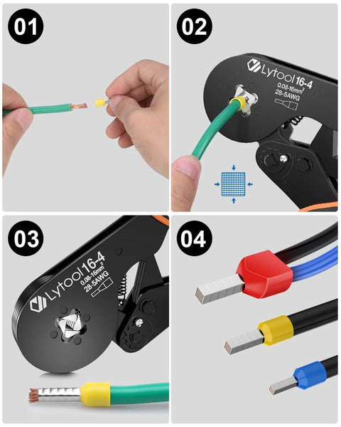Ferrule Crimping Tool Kit For Wire And Terminal Ferrules, Square Jaw Crimpers With Ratchet in use on wires and connectors
