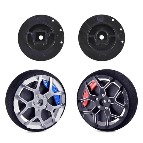 Upgrade Your Rc Game With This Dumborc Metal Steering Handwheel Transmitter Kit Featuring A Soft Brake Sponge Grip For Smoother Control Panel Refitting And Daily Remote Handle Mods On Multi Brand Controllers. Black RC transmitter steering wheel parts set, front and back views