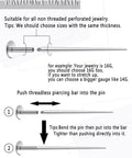 Instruction diagram showing how to use 16G Straight Piercing Taper Insertion Pin Set for internally threaded jewelry changes.
