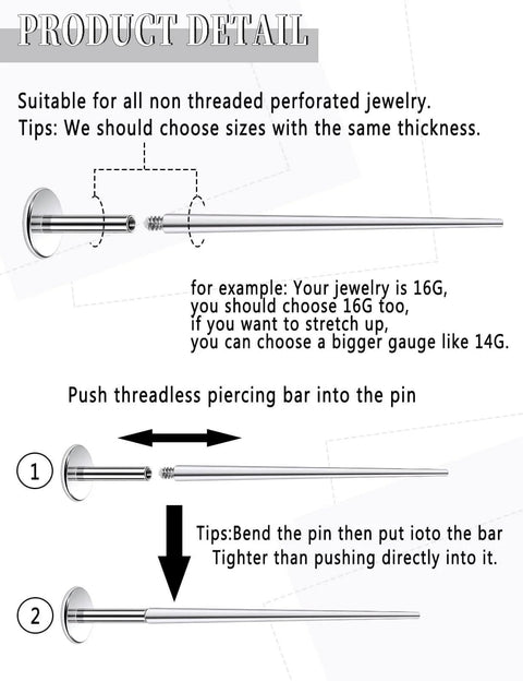 Instruction diagram showing how to use 16G Straight Piercing Taper Insertion Pin Set for internally threaded jewelry changes.
