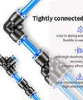 Blue PU pneumatic air hose with black fittings and metal clamps, 6mm OD 4mm ID.