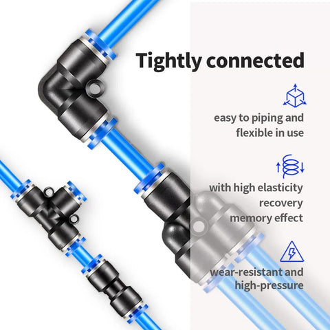 Blue PU pneumatic air hose with black fittings and metal clamps, 6mm OD 4mm ID.