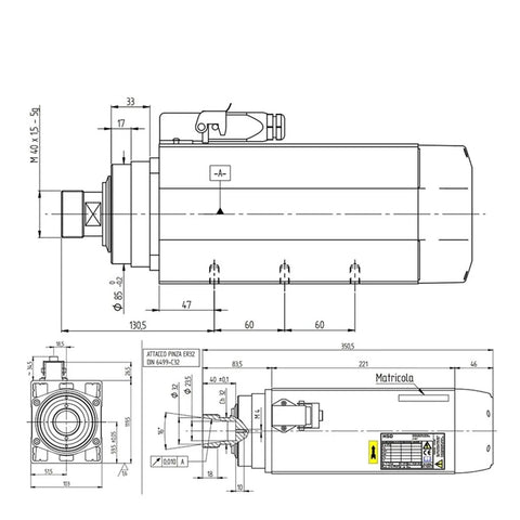 Heavy Duty 5Axis CNC Spindle Motor Featuring Badass Air Cooling And Precise ER32 Chuck Setup dimension diagram with measurements.