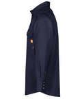 Side view of Men's Flame Resistant Welding Shirt With Pearl Snap Front, 7.5oz 100 Percent Cotton FR Twill, Navy, HRC2 certified.