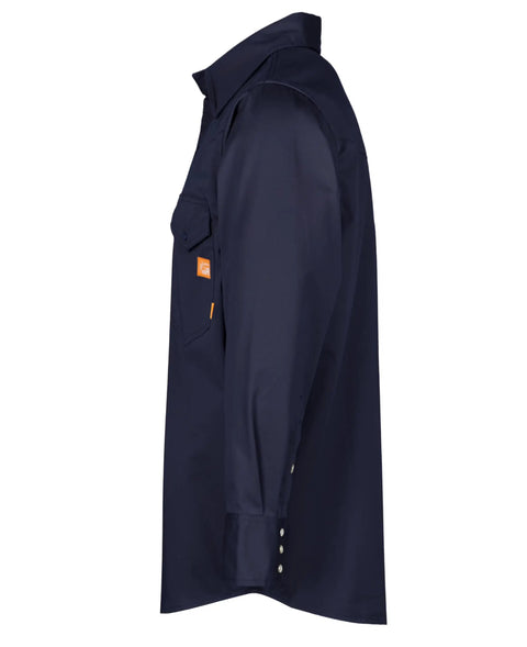 Side view of Men's Flame Resistant Welding Shirt With Pearl Snap Front, 7.5oz 100 Percent Cotton FR Twill, Navy, HRC2 certified.
