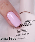 HEMA Free Gel Nail Polish Set With Milky Pink And Pastel Pink, Two 10ml Bottles, UV LED Soak Off Kit on fingernail close-up