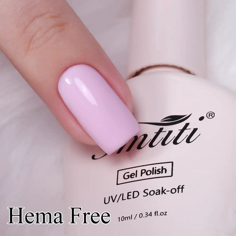 HEMA Free Gel Nail Polish Set With Milky Pink And Pastel Pink, Two 10ml Bottles, UV LED Soak Off Kit on fingernail close-up