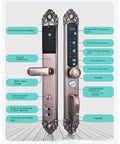 Slick Smart Fingerprint Door Lock Offering Dead Simple Keyless Entry And Hella Secure Password Backup With App Tracking Visitor Logs And No Sweat Setup For Modern Households with detailed features on a bronze finish.