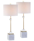 30 Inch White Marble And Brass Gold LED Table Lamp Set Of 2 Modern Glam Crystal Pedestal Lamps For Living Room Or Bedroom White Linen Shade Energy Efficient LED Bulbs Included, front view