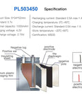Diagram and specifications of High Capacity 3.7V 1000mAh LiPo Battery 503450 With 2P PH 2.0mm Pitch Connector