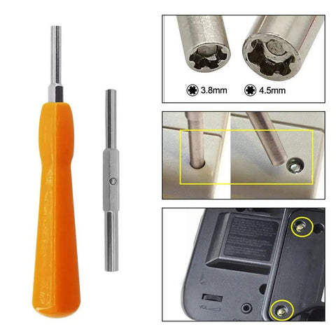Go-To Double End Gamebit Screwdriver Kit with 4.5mm and 3.8mm Bits, orange handle, close-up of bits and usage on consoles
