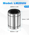 LM20UU Linear Ball Bearings 20mm Bore 32mm OD 42mm Length Four Pack Double Sided Rubber Sealed Rod Liners for CNC and 3D Printers