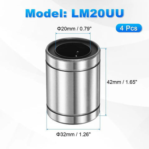 LM20UU Linear Ball Bearings 20mm Bore 32mm OD 42mm Length Four Pack Double Sided Rubber Sealed Rod Liners for CNC and 3D Printers