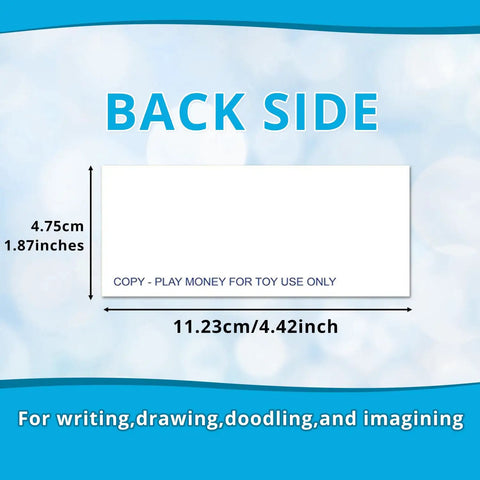Backside measurement of 140 Piece Play Money Set For Kids With 7 Denominations showing play money dimensions.