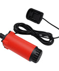 Slick Cordless Submersible Pump Battery Operated Water Transfer Badass For Quick Flood Cleanup And Yard Draining Solid Stainless Steel Build, red design, includes battery connector.