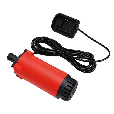 Slick Cordless Submersible Pump Battery Operated Water Transfer Badass For Quick Flood Cleanup And Yard Draining Solid Stainless Steel Build, red design, includes battery connector.