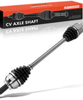 Front Left Or Right CV Axle Shaft Assembly For Subaru Impreza 2008-2015, Legacy 2005-2009, Outback 2005-2009 - Beefed-Up Premium Front Wheel Drive Axle Replacement, Driver Or Passenger Side. CV axle shaft with boots and nut, shown with box.