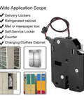 12V DC Electromagnetic Cabinet Lock With 150Kg Force, shown with various applications like lockers and cabinets