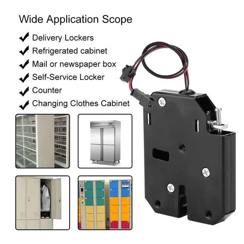 12V DC Electromagnetic Cabinet Lock With 150Kg Force, shown with various applications like lockers and cabinets