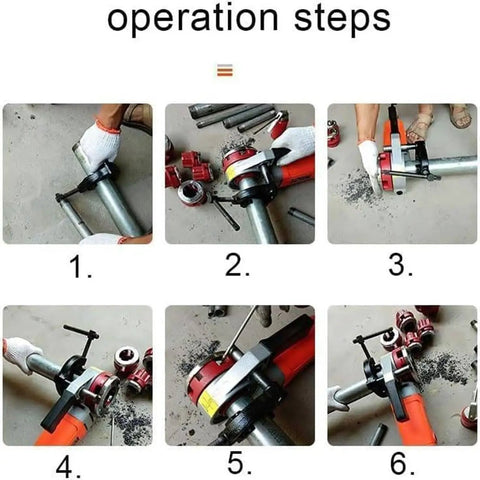 Operation steps for Heavy Duty Electric Pipe Threader Machine With 2300W All Copper Motor demonstrating pipe threading process.