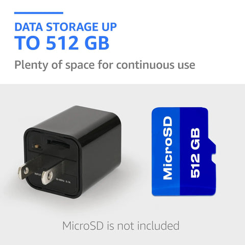 Plug-In Indoor Camera With No WiFi Needed, Full HD 1080P Clarity, showing microSD card storage up to 512GB capability.
