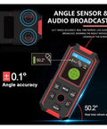 Straight Shooting 3 In 1 Stud Finder And Wall Scanner With Laser Tape Measure Quick AC Wire Metal Pipe Locator Bright Screen showing angle sensor with audio broadcast and accuracy display.
