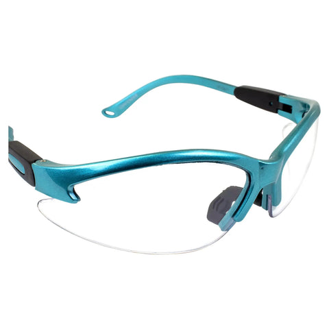 Cougar Womens Lab Safety Glasses With Turquoise Frames And Clear Lenses, Shatterproof Polycarbonate Lenses, Side View