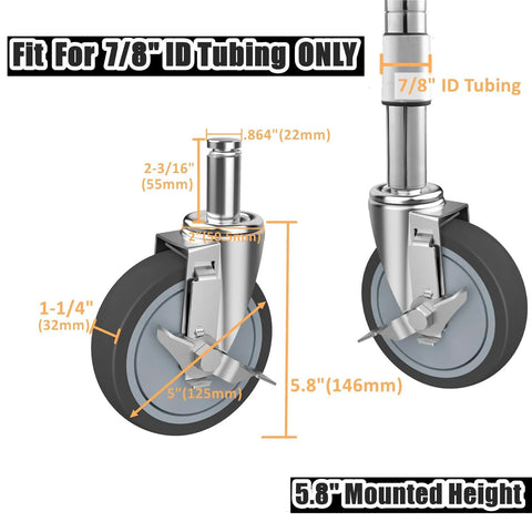 Diagram of 5 inch heavy duty caster set with brake for wire shelving racks showing dimensions and 7/8 inch ID tubing fit.