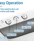 Control panel of Compact Portable Twin Tub Washing Machine Including Free Clothes Drying Rack And Hangers, showing wash and spin timers.