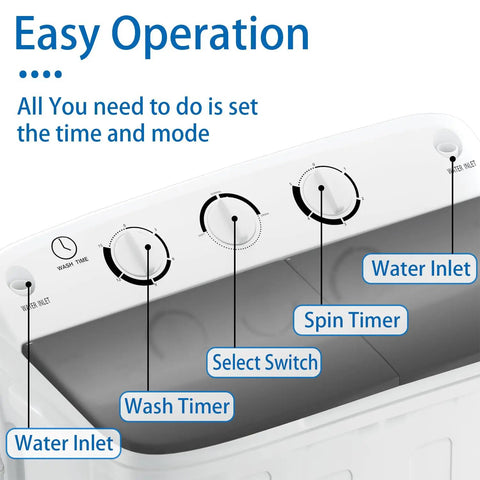 Control panel of Compact Portable Twin Tub Washing Machine Including Free Clothes Drying Rack And Hangers, showing wash and spin timers.