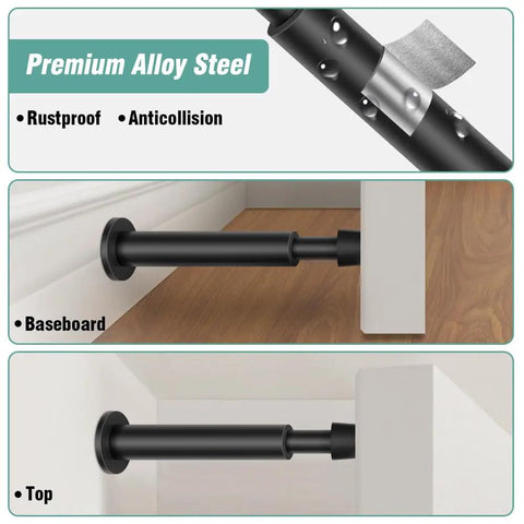 Heavy Duty 4.4 Inch Matte Black Door Stopper Set With Soft Rubber Tips, Spring Loaded Door Bumpers, Rustproof Steel Alloy Wall Protector