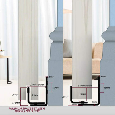 Diagram of 2 Pack Barn Door Bottom Floor Guide With Extend Bracket Wall Mounted Adjustable Flush Bottom Matte Black showing measurements