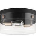 2 Light Flush Mount Ceiling Light in Matte Black with Brass Accents and Clear Glass Shade, E26 Base Bulbs Not Included