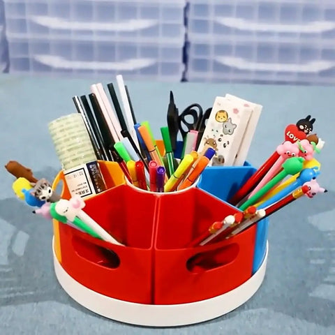Spinning Desk Organizer With Six Compartments For Pens, Art Supplies, And Makeup Accessories, 360 Degree Rotating Desktop Organizer For Home, Vanity, Or Nightstand in red and blue plastic