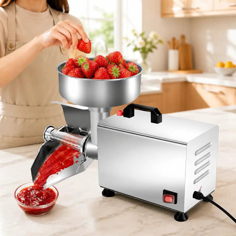 Premium 450W Electric Tomato Strainer Commercial Sauce Maker with strawberries in stainless steel hopper.