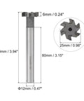 Beefy Built T Slot End Mill With 25mm Cutting Diameter 6mm Depth 12mm Shank Tungsten Carbide Tip 6 Flutes For Stainless Steel Copper And Aluminum Machining, front view with dimensions.