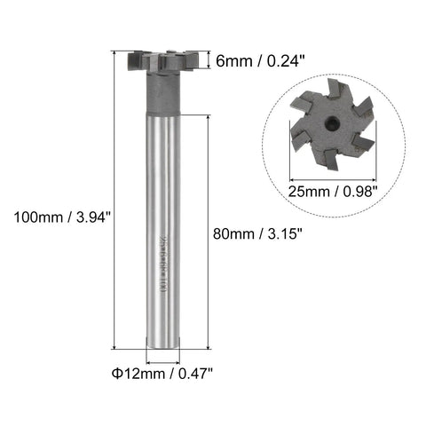 Beefy Built T Slot End Mill With 25mm Cutting Diameter 6mm Depth 12mm Shank Tungsten Carbide Tip 6 Flutes For Stainless Steel Copper And Aluminum Machining, front view with dimensions.