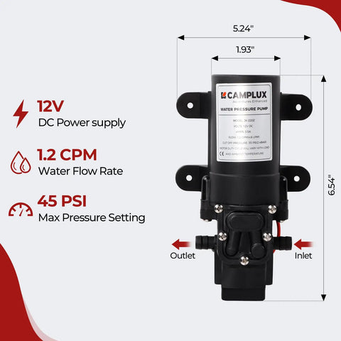 12V water pressure pump details for Portable Propane Water Heater And Pump Kit For Off Grid Camping And RVs, 1.32 GPM