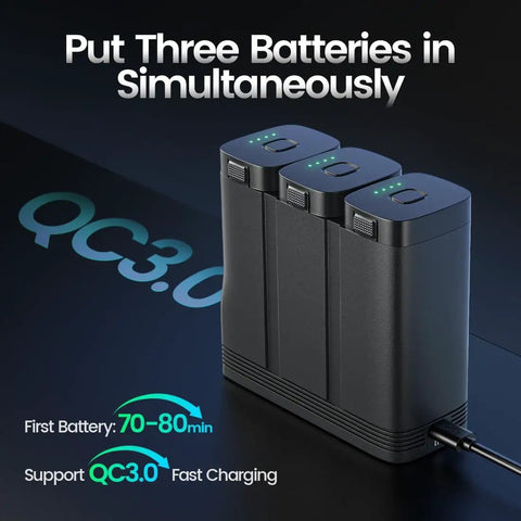 3 Slot Fast Charging Drone Battery Dock With Grab And Go Storage And Power Bank, USB C QC3.0 Hub For HS900 Batteries shown with three batteries inserted, highlighting simultaneous charging capability.