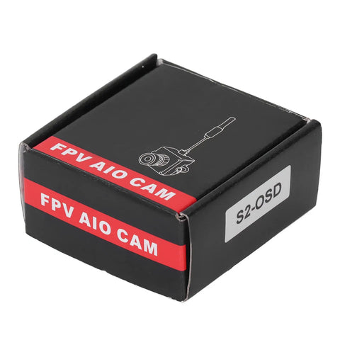 Box of FPV All In One Camera With 5.8GHz 40CH 25mW Switchable Transmitter for indoor drone racing, black packaging.