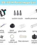 Electric Solder Sucker Gun With LCD Desolder Station parts including handle, nozzles, needle, heating element, and vacuum components.