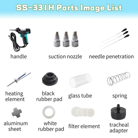 Electric Solder Sucker Gun With LCD Desolder Station parts including handle, nozzles, needle, heating element, and vacuum components.