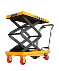 Super Smooth Operation Mobile Scissor Lift Table Featuring Foot Controlled Hydraulic Pump, 500kg capacity, with red wheels.