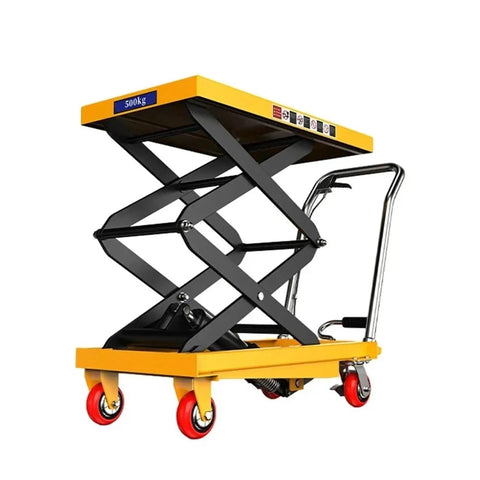 Super Smooth Operation Mobile Scissor Lift Table Featuring Foot Controlled Hydraulic Pump, 500kg capacity, with red wheels.