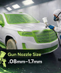 Automotive spray painting: white SUV masked with green tape in a paint booth; worker in PPE using a spray gun.