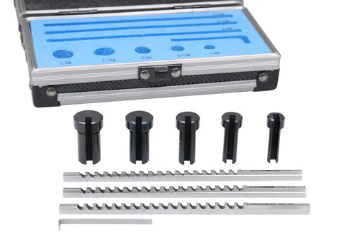 No BS No 00 HSS Keyway Broach Precision Set In A Fitted Wooden Box including broaches, bushings, and shims displayed.