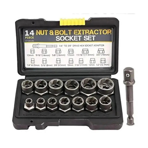 Heavy Duty 3/8 Inch Drive Impact Bolt Nut Extractor Kit With 13 Pcs Lug Remover Twist Socket Tool For Rusted Stuck Fasteners And Anti Rust Coating That Works Like Magic, 14-piece case