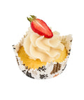 Cupcake in Greaseproof Cupcake Liners 4000 Pack, 4 Oz Disposable Muffin Cups for oven or freezer, topped with cream and strawberry slice.