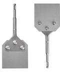 Beefy 4 Inch Wide Heavy Duty SDS Plus Floor Scraper For Tile And Thinset Removal With Replaceable 4 By 10 Inch Blade shown front and back