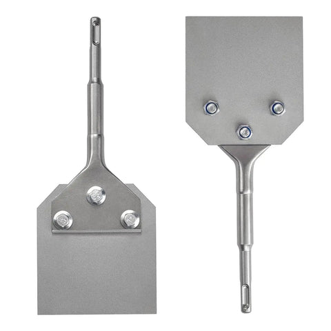Beefy 4 Inch Wide Heavy Duty SDS Plus Floor Scraper For Tile And Thinset Removal With Replaceable 4 By 10 Inch Blade shown front and back